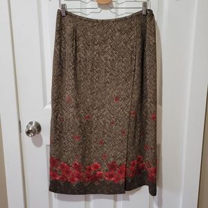 Vintage brown red floral print hem a line midi wrap skirt Tanjay Petites 14 P